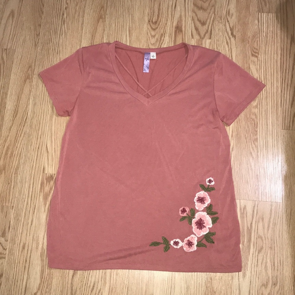 Floral Embroidered Cross Neck Top